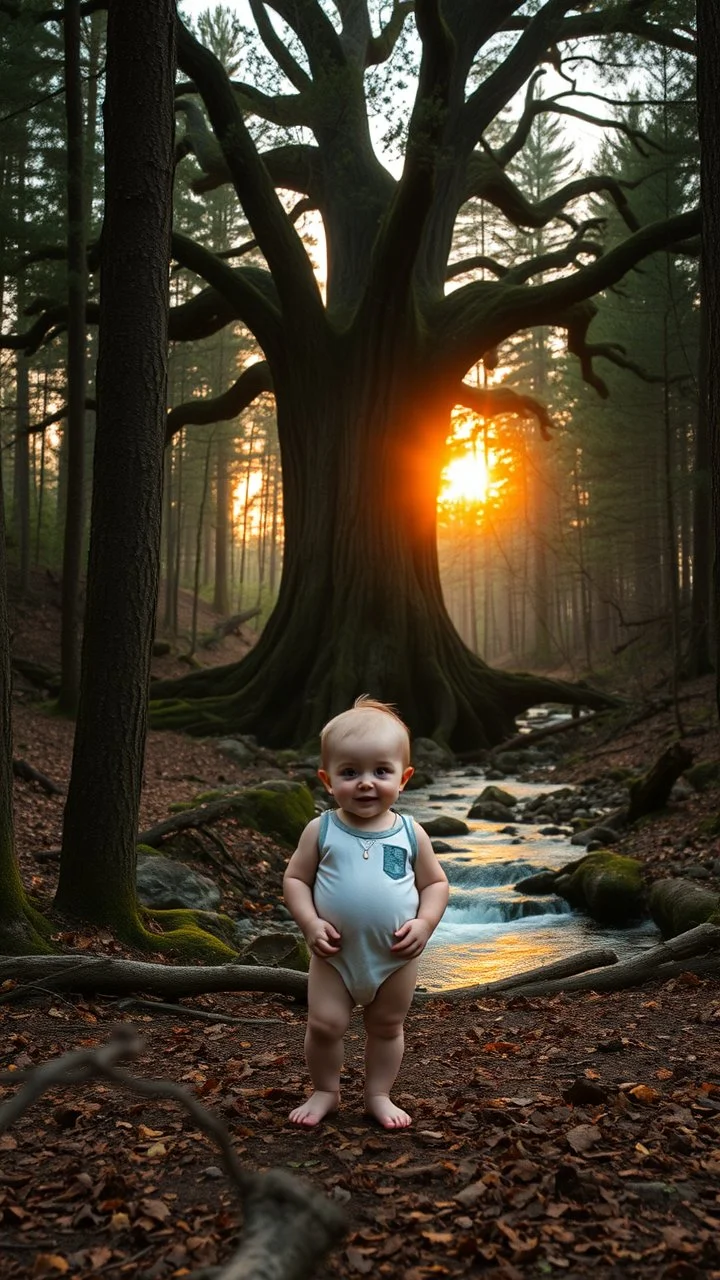 A beautiful baby standing in wood with a huge trees , river stream in the middle , behind the tree dim light of the sunset,