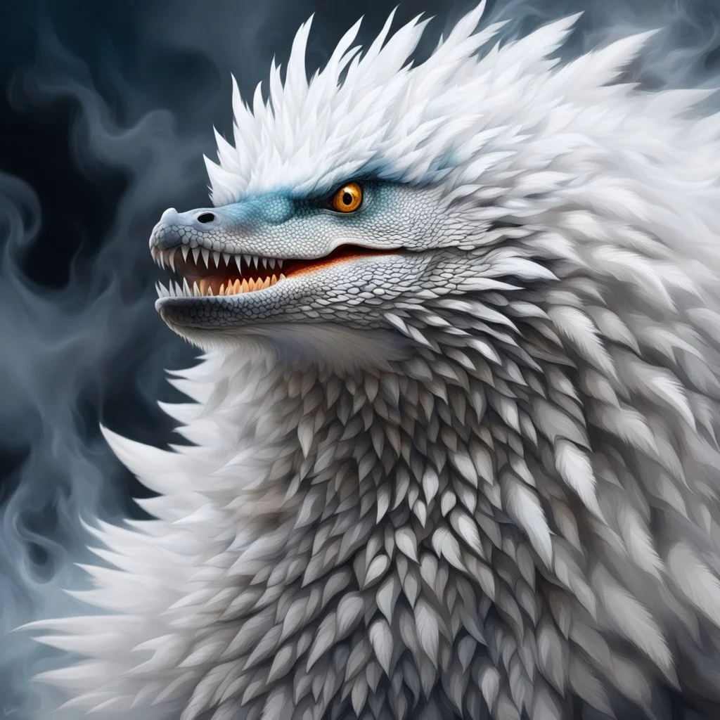 head of a sturdy colorful arctic drake curly white fur, smokey breath and fire,, spikes along back, a long tail, moving forward towards viewer, wrapped in smoke