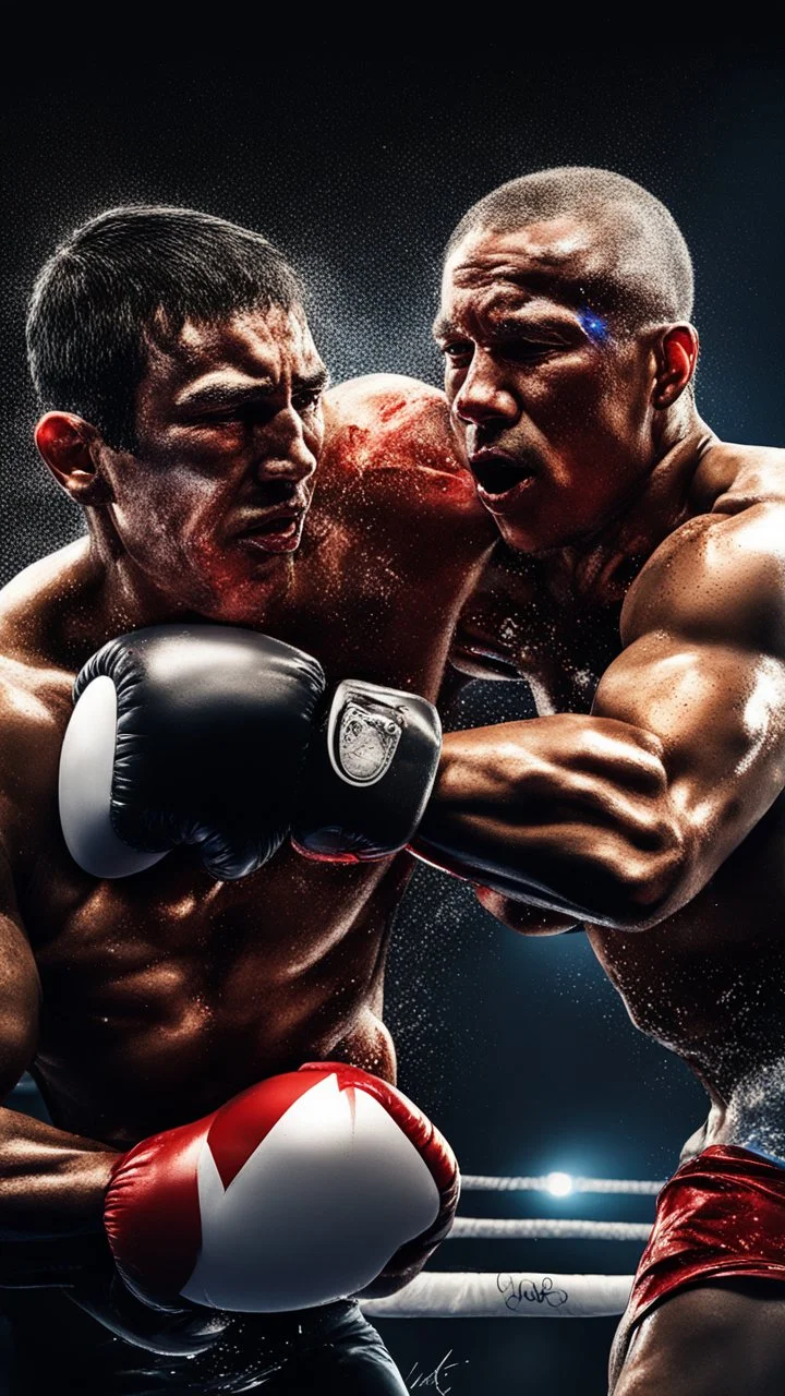 paralympics, knock out in the ring, picking up body, in spotlight, magazine cover illustration with spray paint, signed, bokeh like, down-light, unreal engine, prize winning