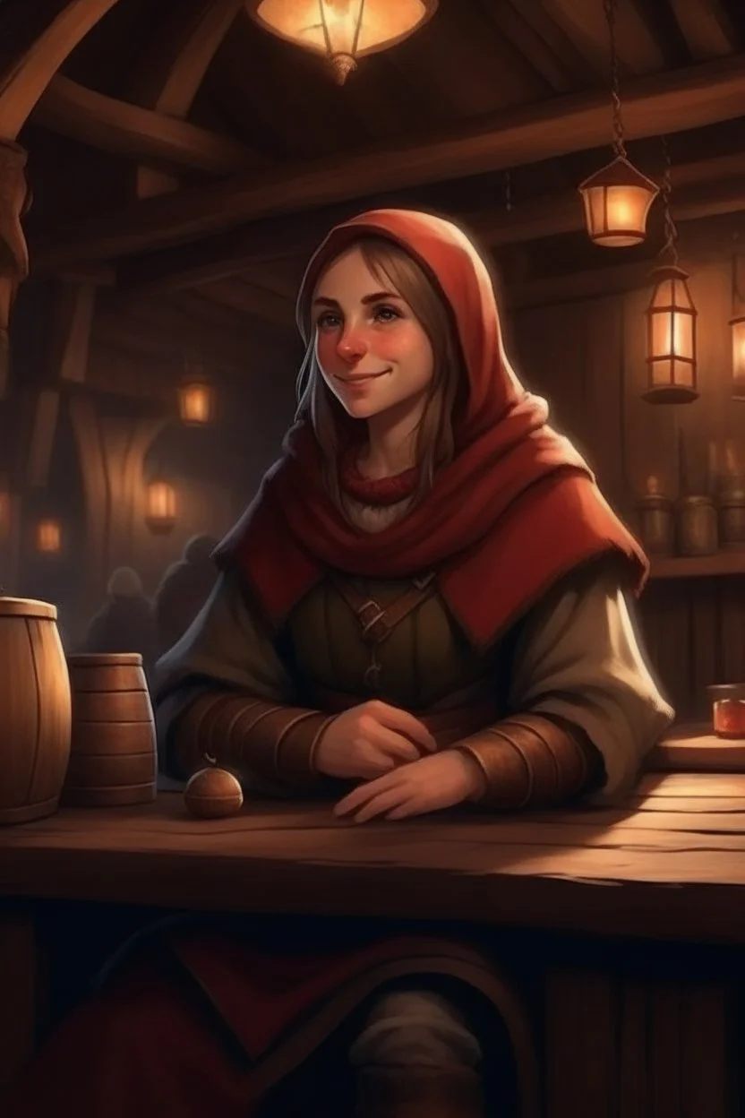 DnD style, medieval beautiful woman dressed in warm winter clothes sitting in a tavern