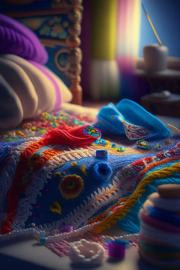 Hand sewn and embroidered extremely cute Alicia Vikander, threads, sewing needles on a table on lace blanket in a luxury bedroom, centre, bold colours elegant fantasy 8k beautiful dynamic lighting award winning imperial colors hyperrealistic ultra detailed 4K 3D high definition crisp quality colourful hdr in sunshine