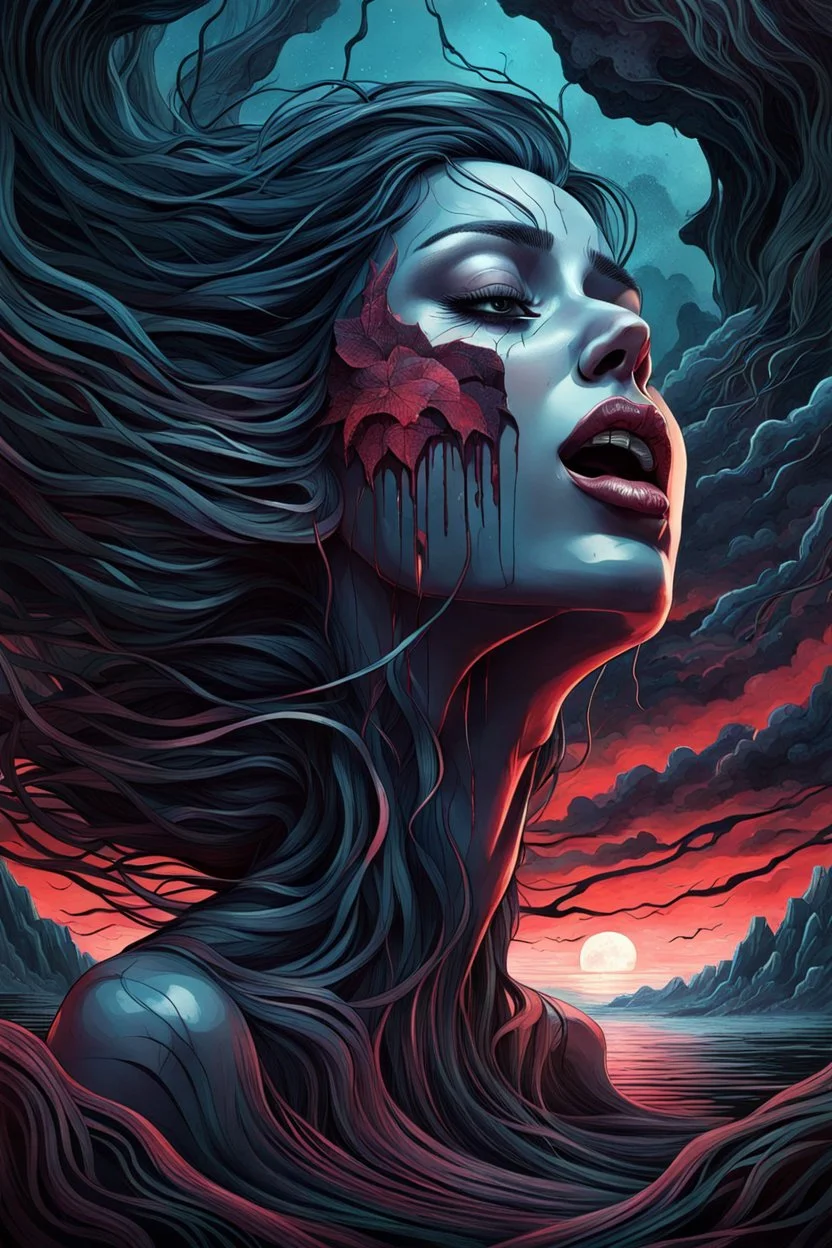 Hyperrealistic human woman cry and howling, pain, thriller, alone, dark colors, sharp focus, surreal shapes, faded colors, dark mood, surreal, dramatic atmosphere. intricate, stunning textures , illustration by Juan Brufal, by Esté MacLeoad, Cyril Rolando, Hayoa Miyazaki