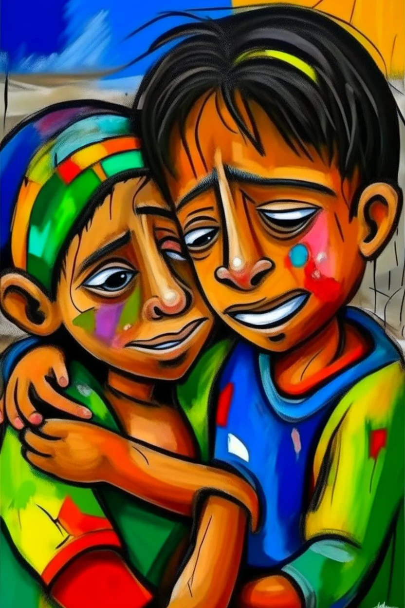 a girl hug her brother and both crying sadly, expressionism, Pixar style, in abstract art Basquiat, Picasso, Miro, Kandinsky, Klee, Birell, Fairey, Ardon, Buffet aand Picasso style, HD --s 750 --v 5.1 --style raw, water color
