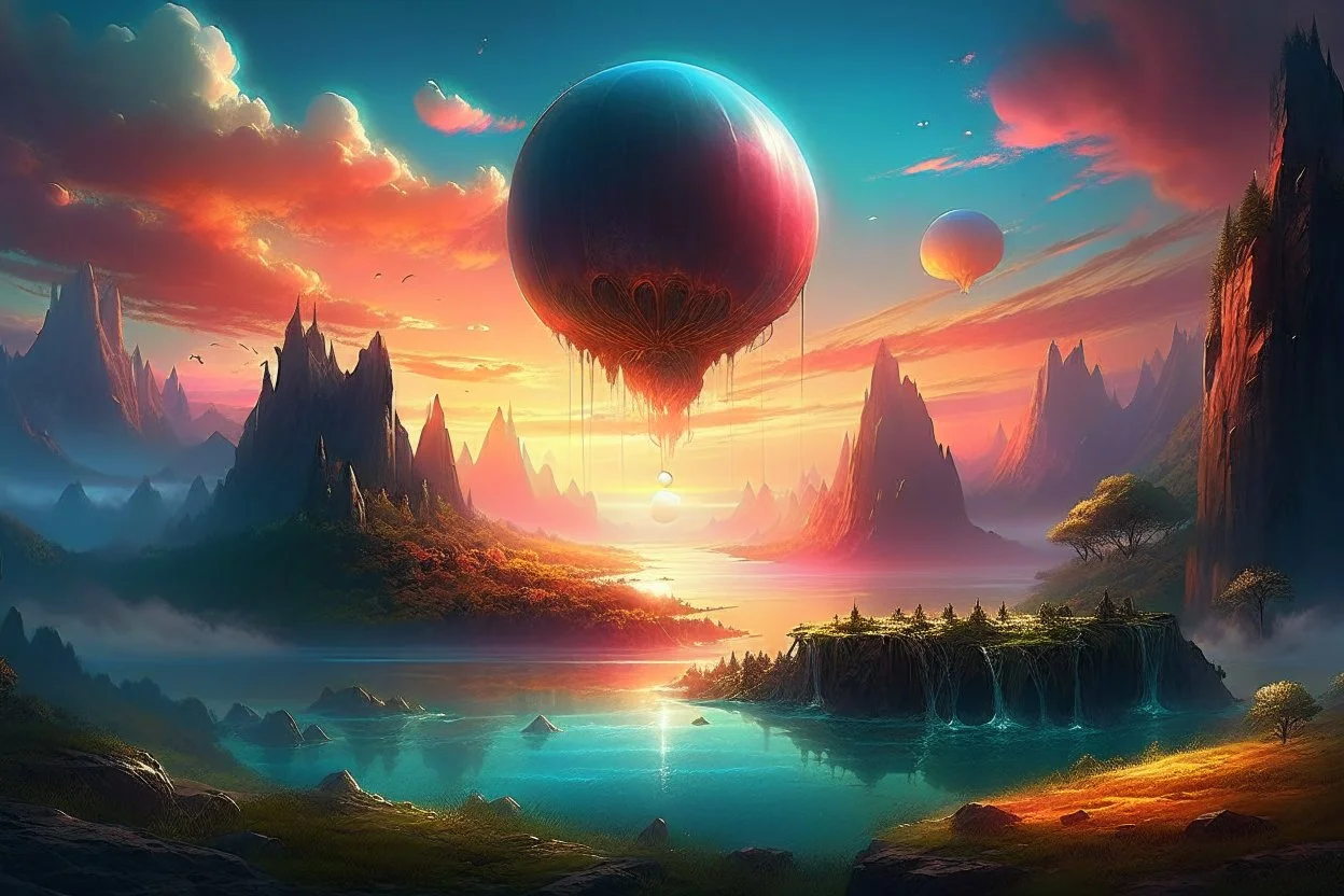 A digital painting of a mysterious anomalous orb in the sky surrounded by floating islands hovering above a fantasy landscape in the style of Michael Whelan, energy surge, serene countryside, lush forests, soaring mountains, impressive detail, sunset, high resolution, 4K, 8K, masterpiece