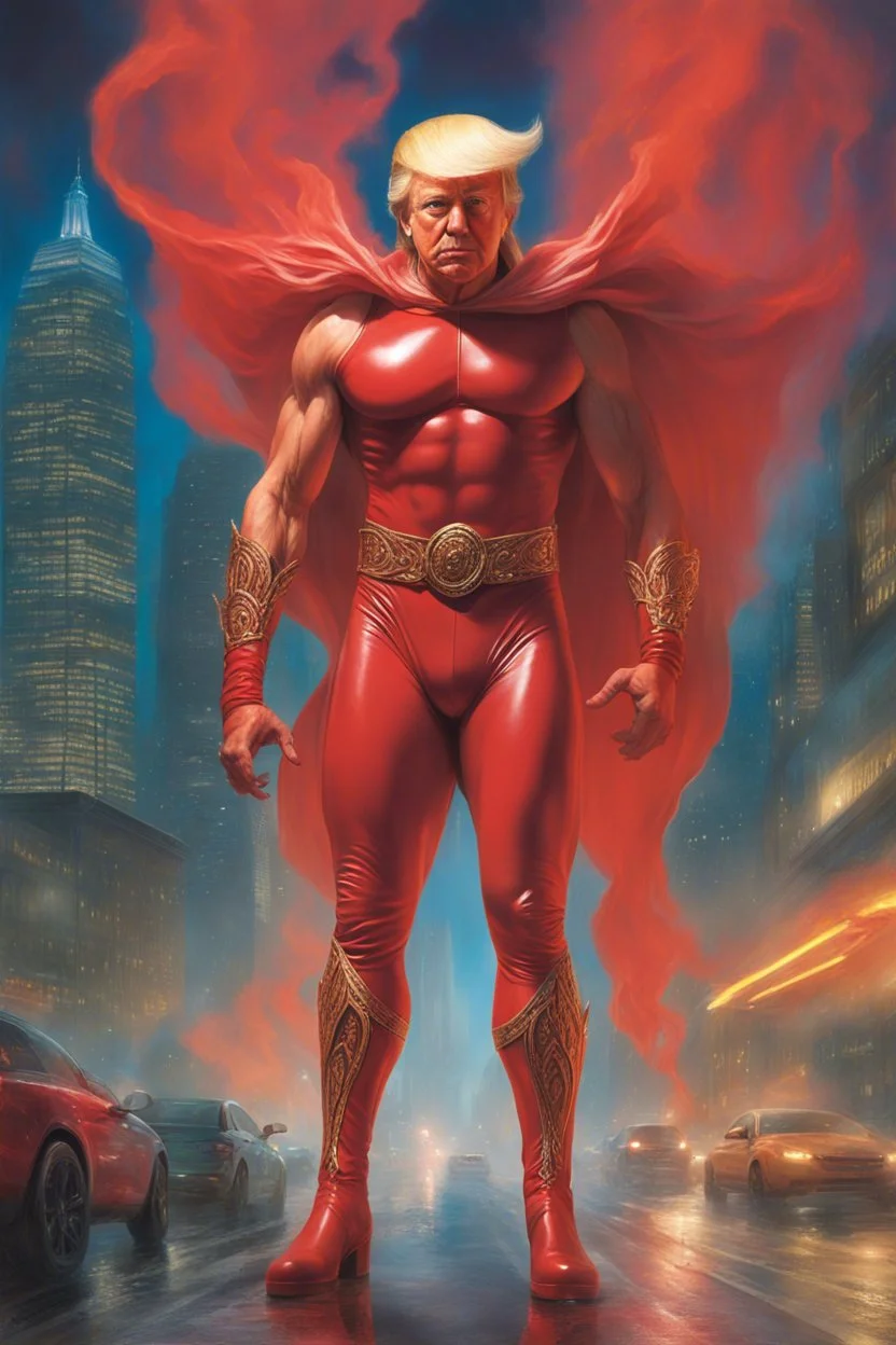 Extremely Muscular, Donald Trump as 'Maga Man,' the greatest superhero in history, Extremely Muscular, overly exaggerated muscles, Skintight, formfitting red bodysuit, blue cape, silver boots, Multicolored vortex, multicolored lightning, neon lit futuristic cityscape, mist, fog, speed, extremely overexaggerated musculature, "MAGA MAN"