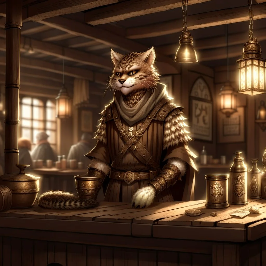 A khajiit with brown spotted fur in a medieval fantasy tavern dressed in rags