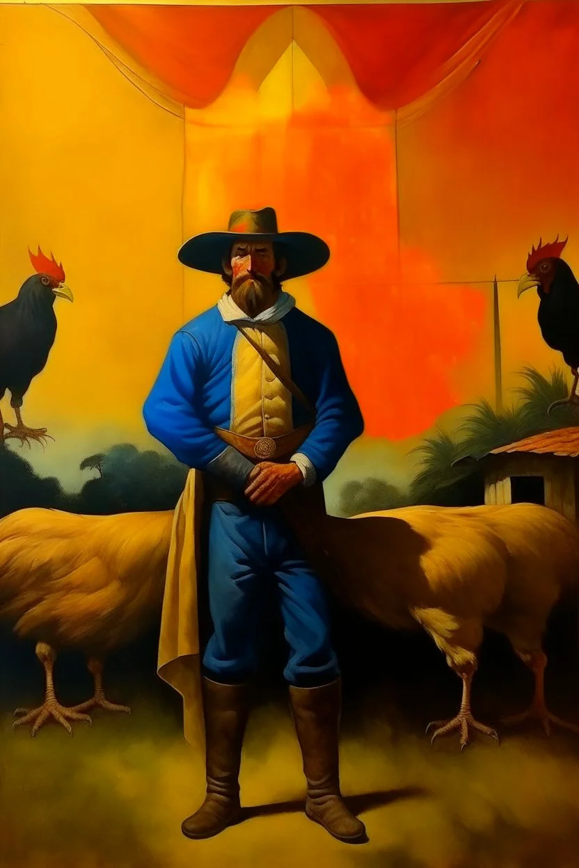 1970's dark fantasy cover dnd style oil painting of a medieval man with chickens cowboy at the country from uruguay with the flag of uruguay with minimalist far perspective.