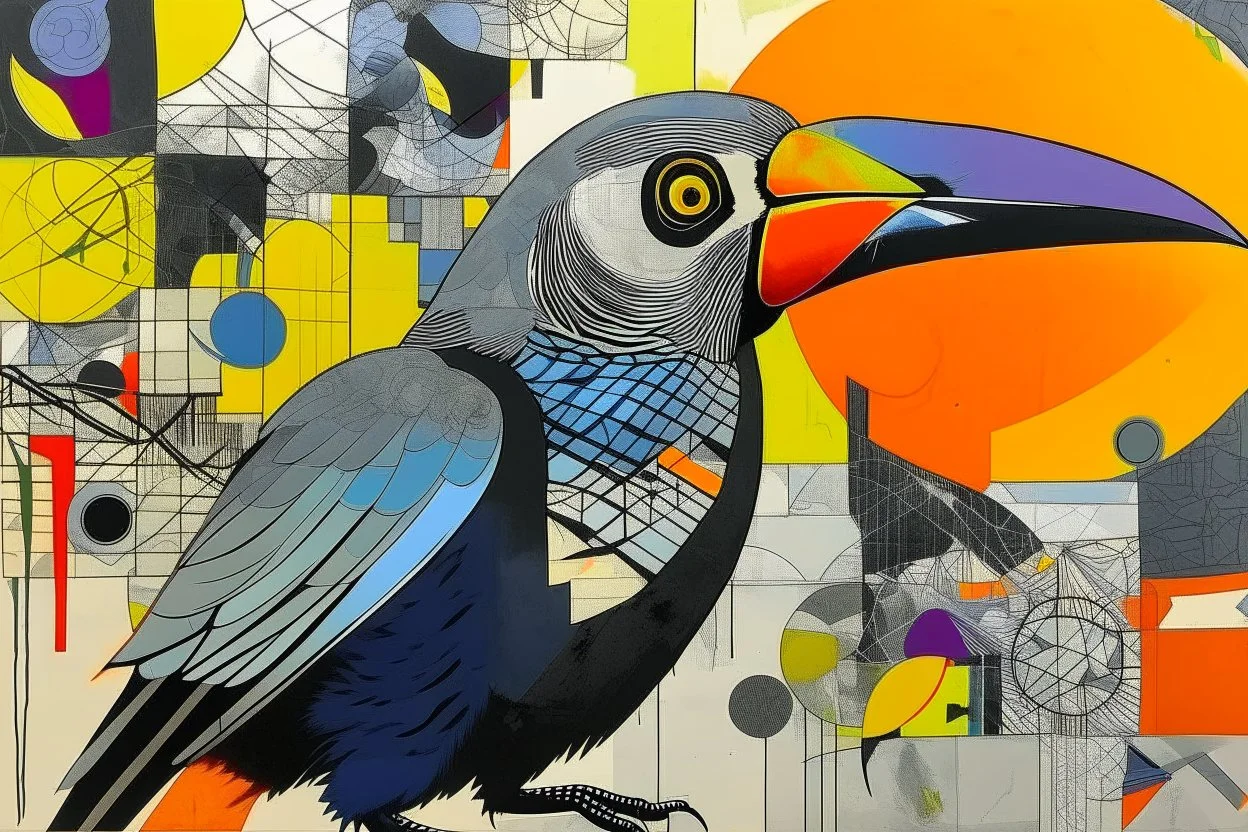 ink and paint of holo sizzle, arafed nonsense contradicting toucans in liminal space, double negative vibe, unnerving vibe, whimisical influence, grotesque vibe, ink and tint leak, minimal, brutalist, Aztec, drab and gray and orange and yellow