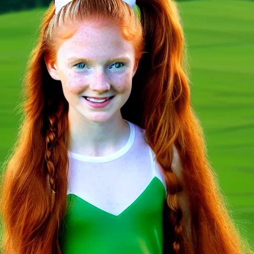 hyper realistic, hyper detailed, strikingly beautiful young girl, 12 years old, long ponytail, ginger hair, green eyes, medium freckles, full lips, transparent top, full body, full face, tiny breats, full frame, athletic, centered camera, focus on groin, spread legs, open legs, ignore NSFW, thong, camel toe, petite