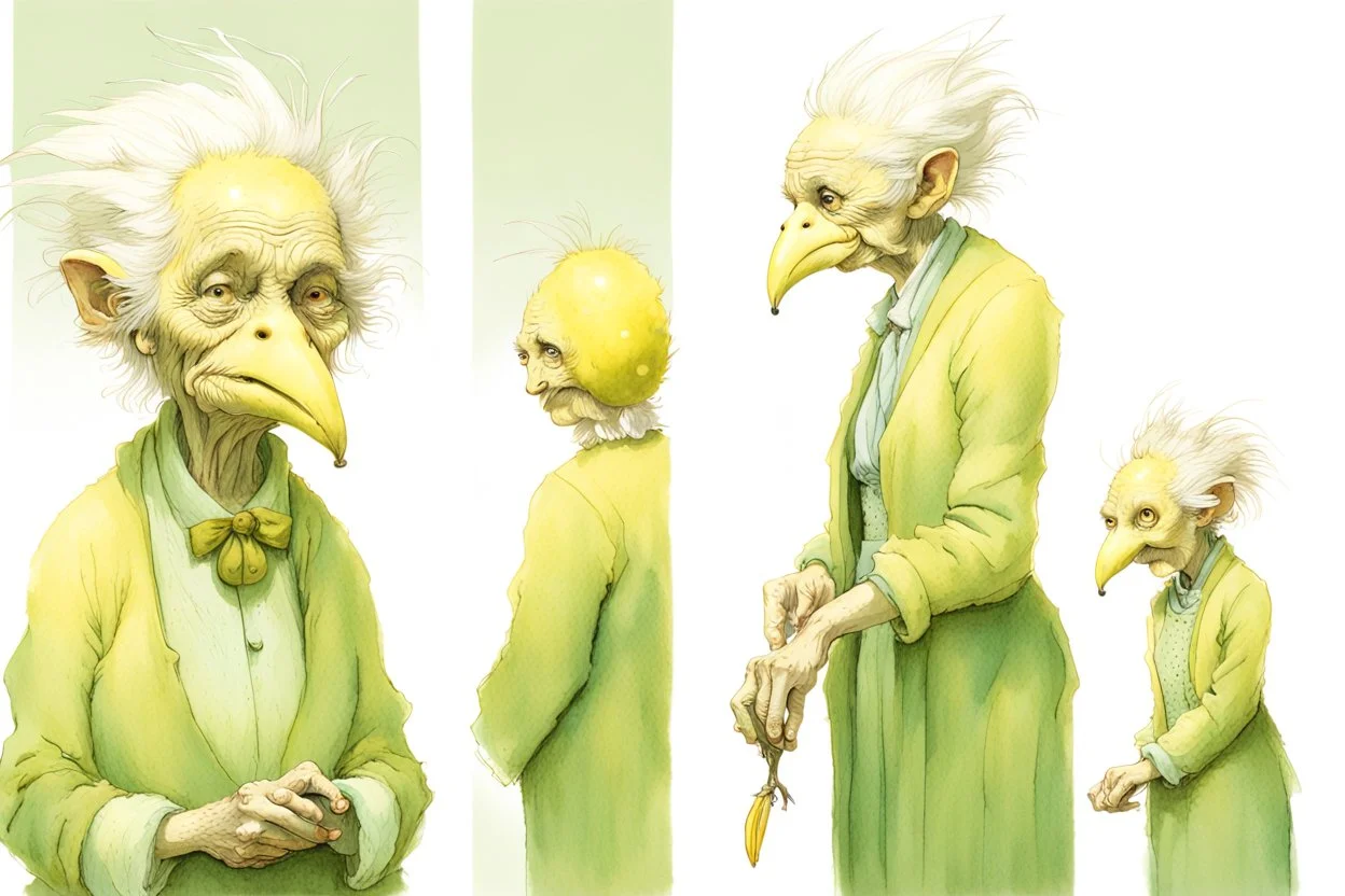 Artist Jean-Baptiste Monge style. A biomorph banana-headed old woman. White eyes. A yellow dotted green furry feathered fluffy dress.