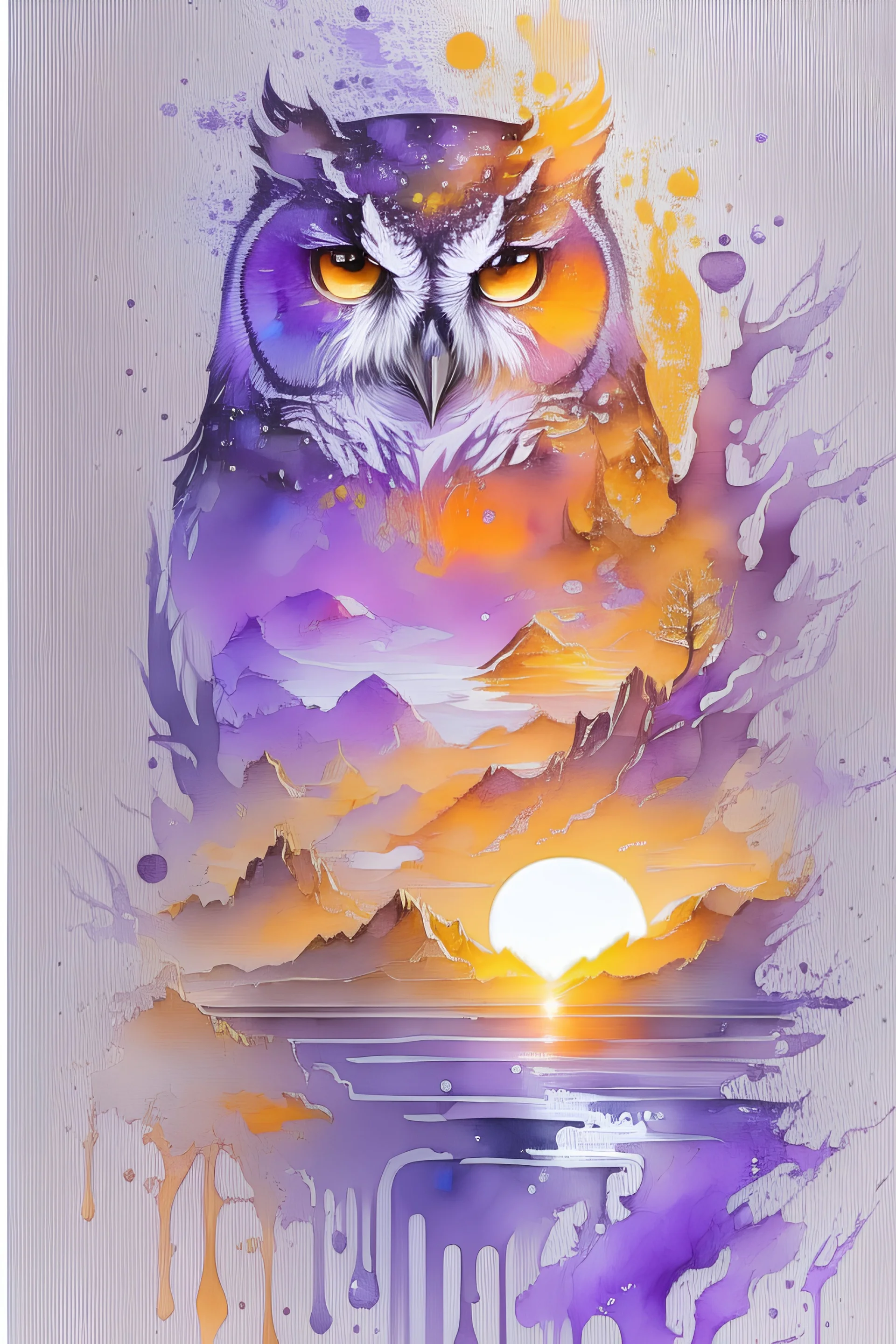 2:3 Full size, watercolor on transparent background paper, chromatic, zoom, sharp, splash of colors on a white background, a detailed golden purple sunset fire style, detailed owl & eagle, Miami Beach with light blue water, Mountains, graffiti elements, powerful zen composition, dripping technique, & the artist has used bright, clean elegant, with blunt brown, 4k, detailed –n 9, ink flourishes, liquid fire, clean white background, zoom in, close-up,