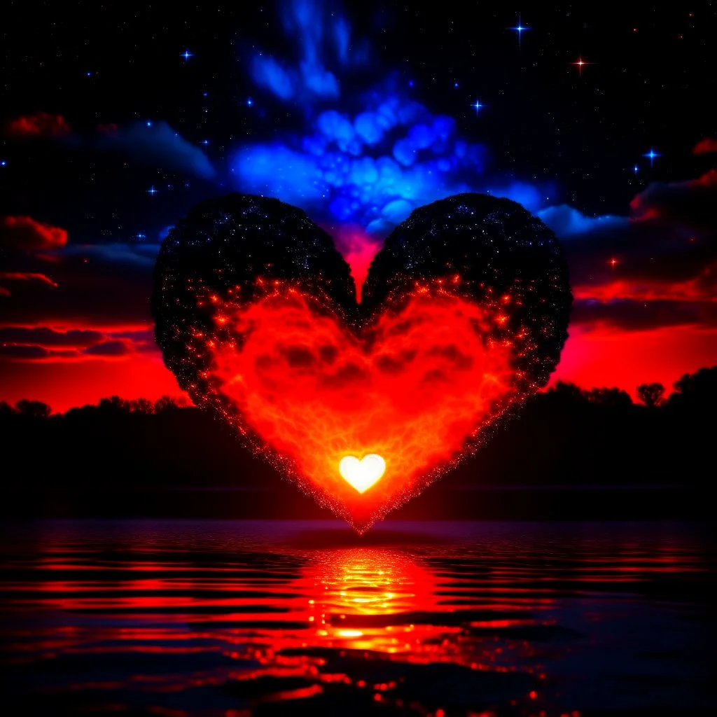 a heart on fire, against a beautiful night sky, romantic setting