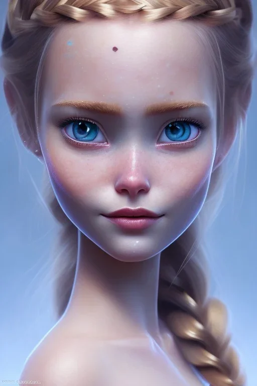 Woman, cute, beautiful, orange hair, two braids, bangs, blue eyes, big eyes, freckles, long eyelashes, pink lipstick, thin lips, big nose, Anna from Frozen, 8k resolution concept art portrait by Greg Rutkowski