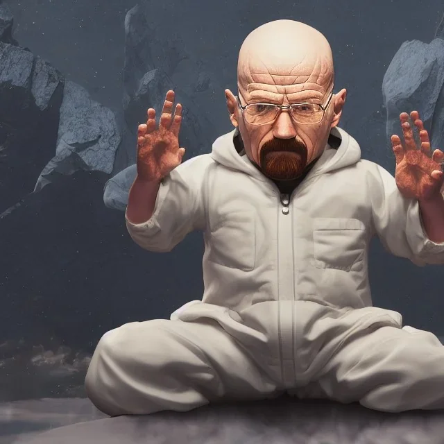 Walter white toddler, full body, angry, Buddha body, dynamic pose, tokio background, dramatic lighting, hyper realistic, unreal engine, 8k, upscale