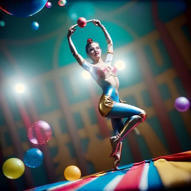 Ultra realistic circus scene. Classic acrobat woman, waist up view, Wes Anderson style, happy, bubbles, highly detailed, concept art, unreal engine 5, god rays, ray tracing, RTX, lumen lighting, ultra detail, volumetric lighting, 3d, finely drawn, high definition, high resolution.