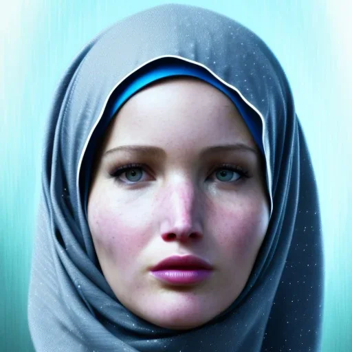 close up portrait of Jeniffer Lawrence as woman in hijab, fine detail, highly intricate, modern surrealism painting, defined cracks and breaks, high-quality, volumetric lighting, 8k, ultrahd, George Grie, Marco Escobedo, Igor Morski,Brian Froud, Howard Lyon, Selina French,