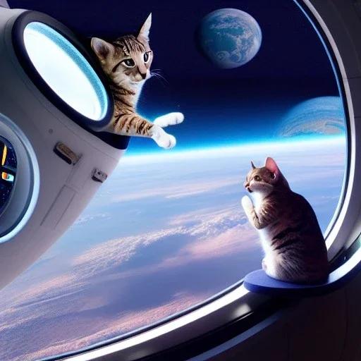 hyper-realistic spaceship interior with cat looking out of window at floating astronaut in space, 8k resolution, high-quality, fine-detail, detailed matte, intricate, 3D octane render, illustration, digital art, brian froud, howard lyon, anna dittman, greg rutowski,