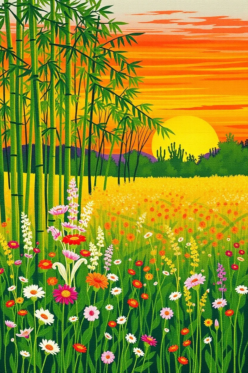 A lime green forest filled with flowers and bamboo trees in sunset designed in Navajo woven art painted by Claude Monet, Busch painting style ,