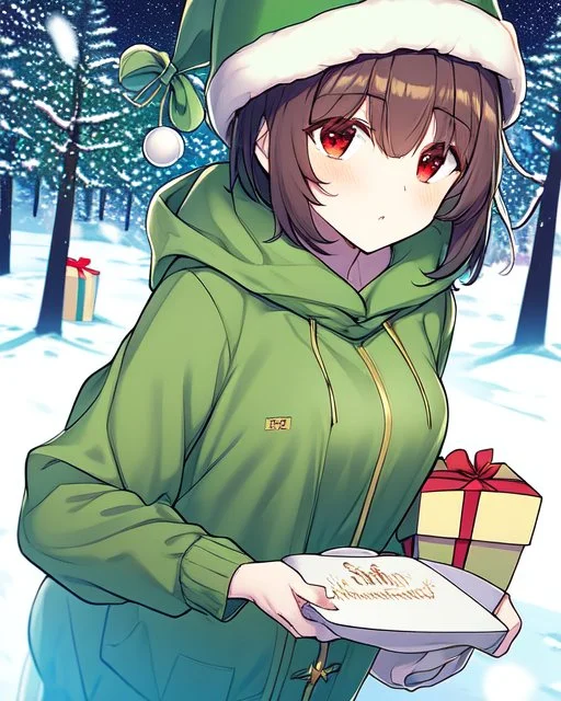 Girl with short brown hair, red eyes, green sweatshirt with a horizontal yellow stripe, he is wearing a Christmas hat, and in the background there are trees in the cold winter with lots of snow,