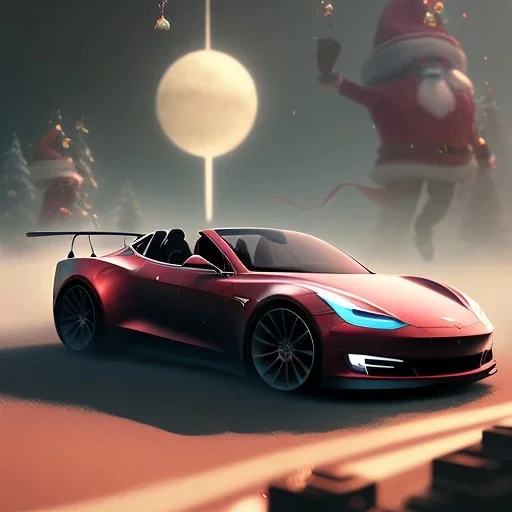 Santa driving his red Tesla convertible car, character design by cory loftis, fenghua zhong, ryohei hase, ismail inceoglu and ruan jia. unreal engine 5, artistic lighting, highly detailed, photorealistic, fantasy