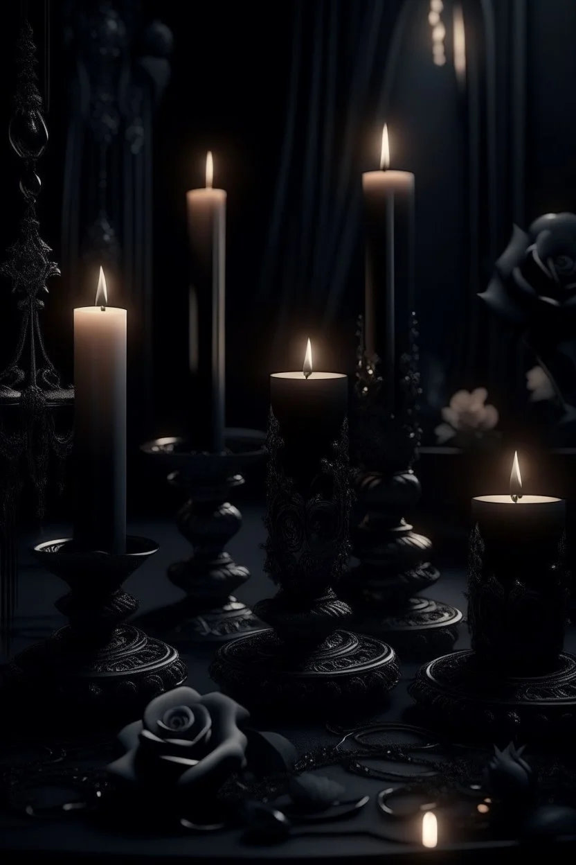 MAGIC Gothic black candles, black lace, pearls, black roses on a white background, trending on Artstation ::{creative commons}:: Illustration :: Color correction:: Filmic, Nikon D750, Brenizer Method, Perspective, Depth of Field, F/ 2.8, Lens Flare, Tonal Colors, 8K, Full-HD, ProPhoto RGB, Perfectionism, Frame Illumination, Natural Lighting, Soft Backlight