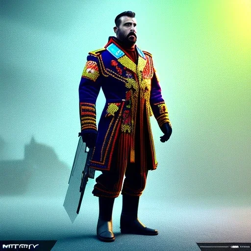 Soviet man, pattern dress, velvet, vibrant color, cyberpunk style, highly detailed, art stations, concept art, smooth, unreal engine 5, god rays, ray tracing, RTX, lumen lighting, ultra detail, volumetric lighting, 3d, finely drawn, high definition, high resolution, gradient background