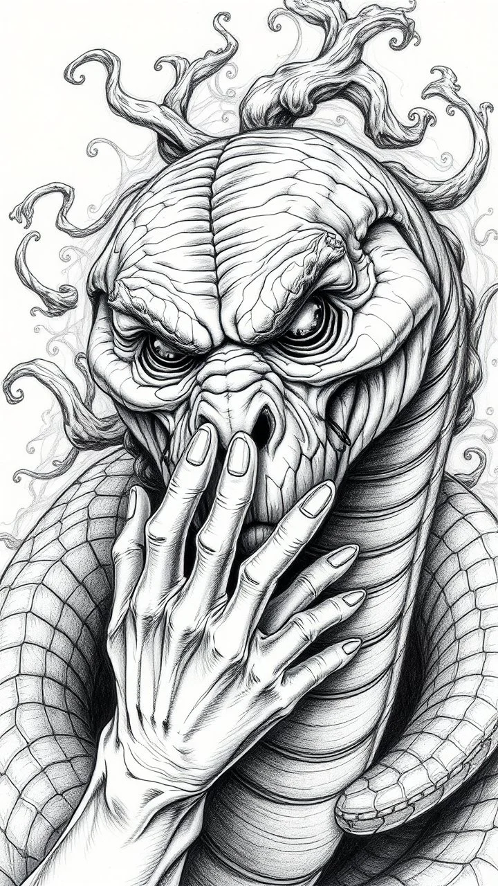 Gππ§π€π’π₯π© highly detailed graphite illustration, A surreal snake figure with exaggerated anatomical features, heavily wrinkled skin, and an intense, contemplative expression., thick eyebrows, merge into swirling abstract shapes. Large, expressive hands, one covering the mouth and the other gripping the forehead tensely. Mysterious, introspective, dreamlike, somewhat dark fantasy. #ππ§πart #prompt