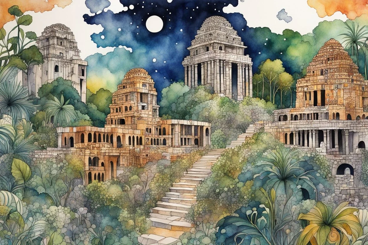 random watercolor Zentangle patterns in the styles of Gustav Klimt ,Wassily Kandinsky, Alphonse Mucha, and Kay Nielsen that depicts the crumbling ruins of an ancient Mayan city lost in the overgrowth of the Yucatan jungle, with fine ink outlining