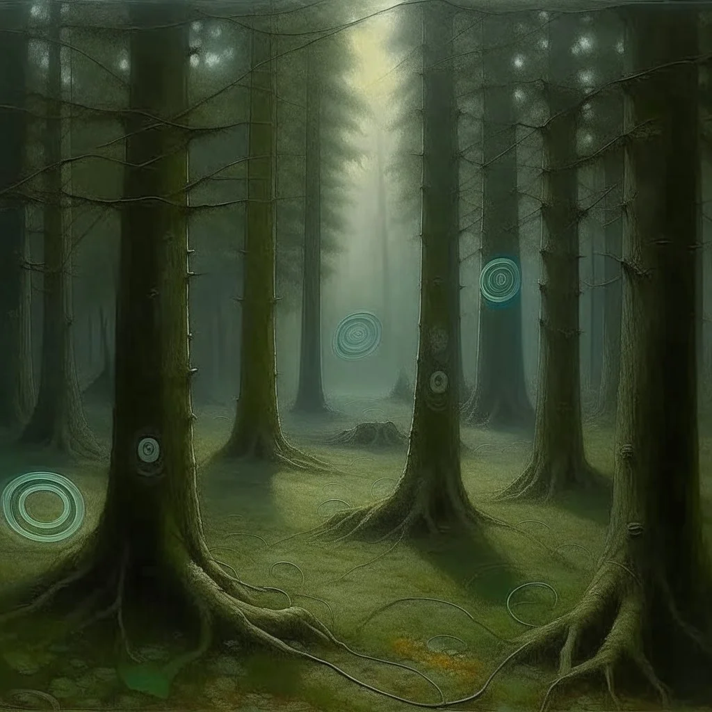 A grayish cyan magic forest with mystical rings designed in German folk art painted by George Inness