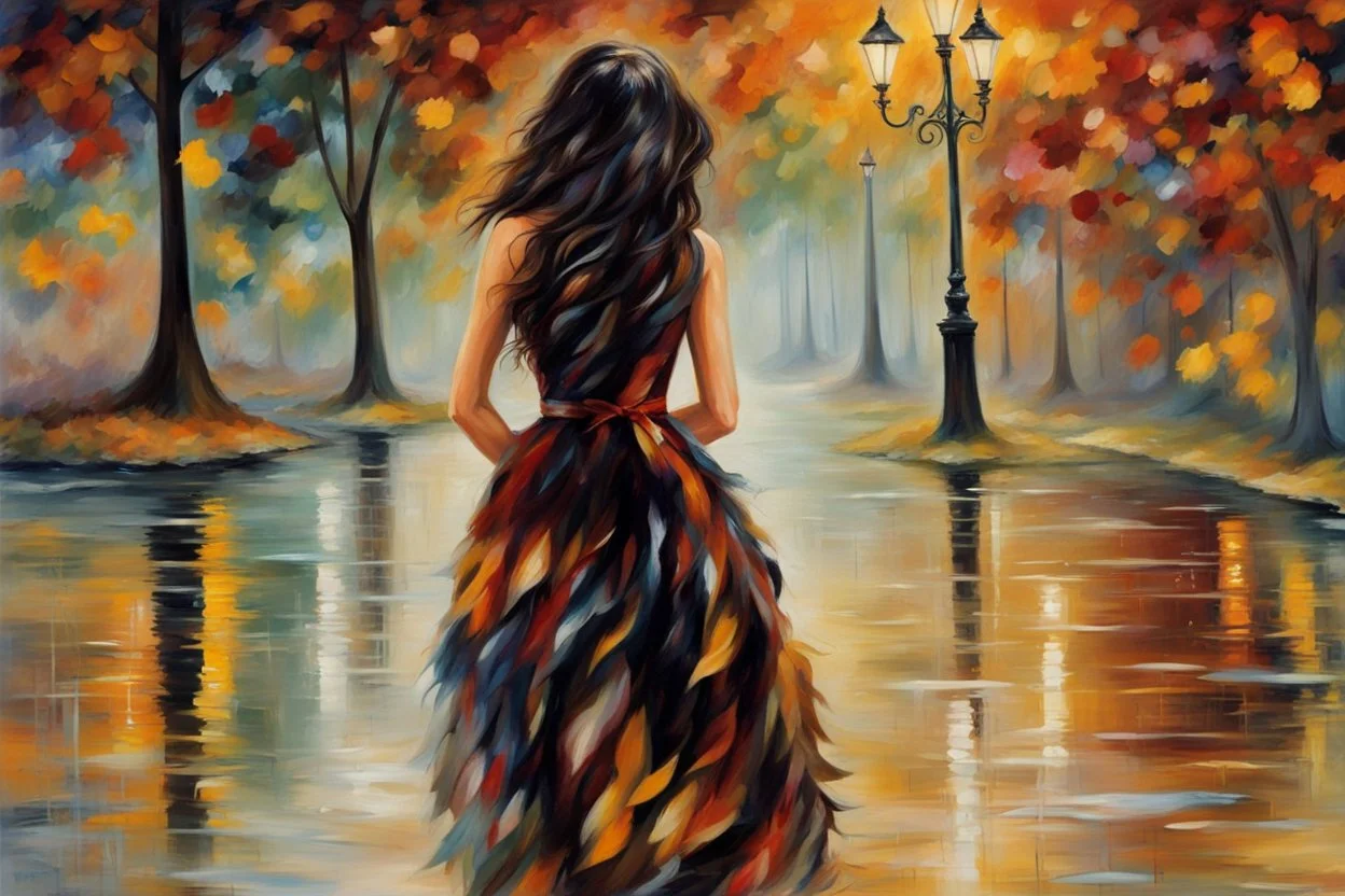 an irresistibly adorable image of a whimsical brunette woman creature with black hair and hazel eyes. Envision a charming being with fluffy, onyx-colored fur or hair that frames its endearing face. in the blowing wind Leonid Afremov