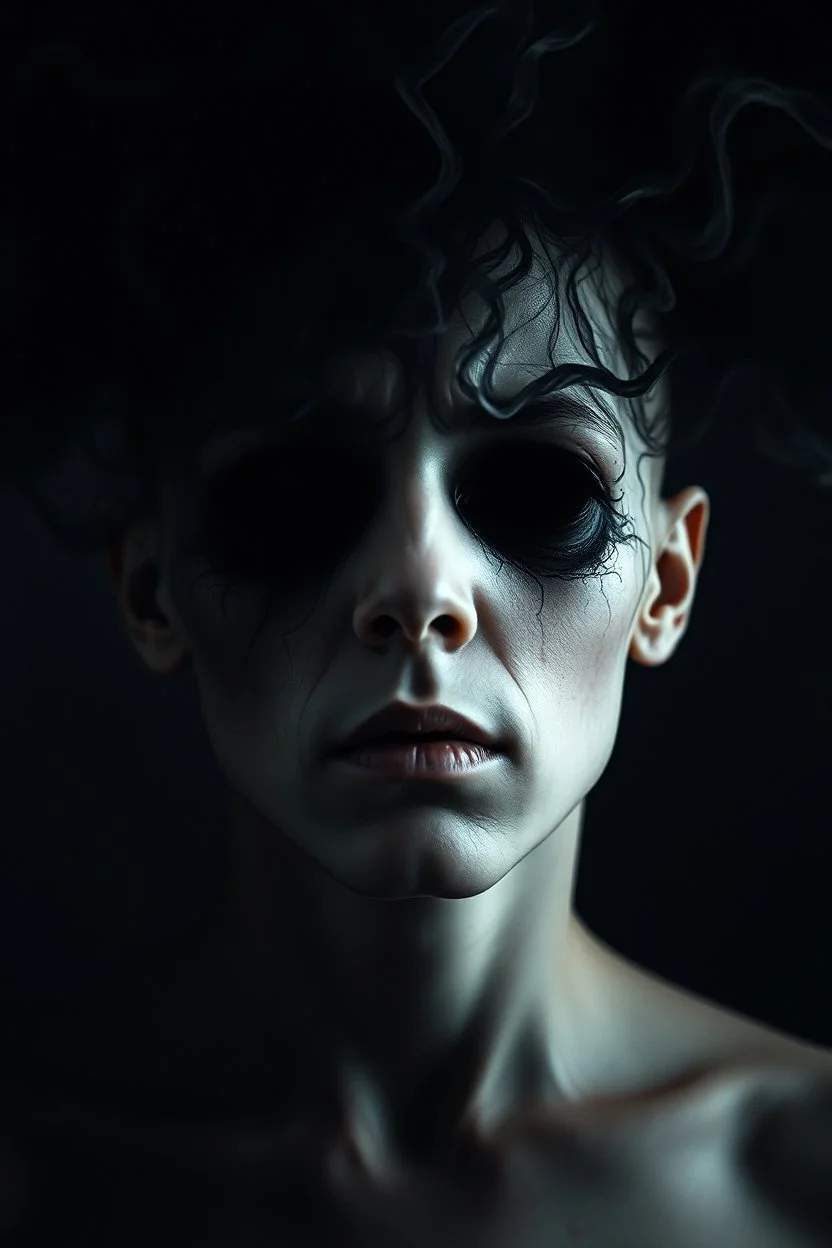 A surreal, painful and symbolic portrait of a human being slowly consumed by living darkness. Pale human skin, hollow face with empty black eyes, expression of painful realization. The darkness is not just shadow but a living entity emerging from the mind itself, abstract shapes and impossible forms rising like smoke from the depths of the subconscious. The shadows crawl across the face and body, devouring identity.