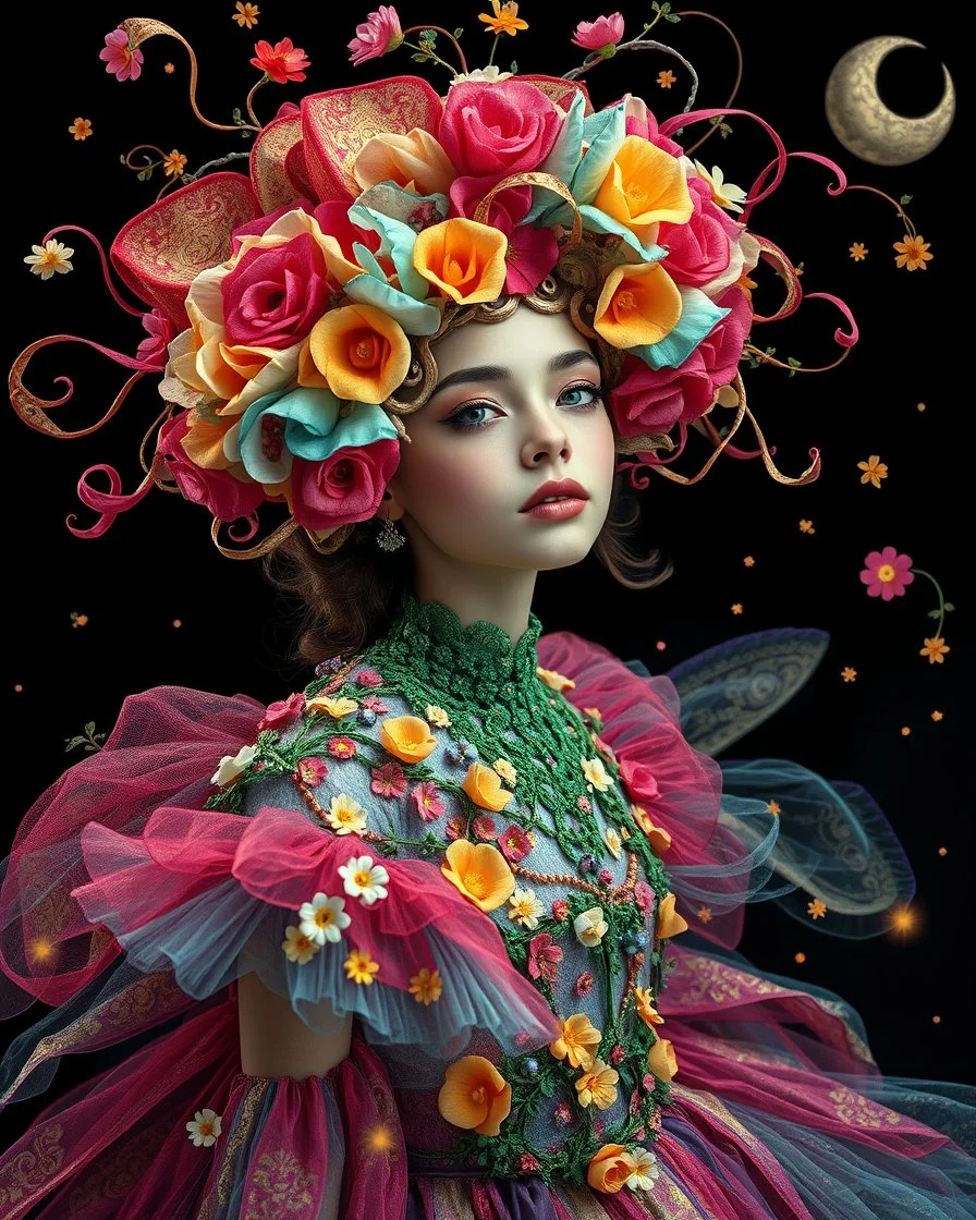 Realistic Photography Beautiful Fairytale, a stunning girl adorned in vibrant carnival attire, ethereal beauty, black background, with swirling colors and fantastical tiny flowers, enchantment and grace, twisted vines, whimsical, surreal landscapes, emotive style, dreamlike quality, and magical realism, carnival red, ethereal pink, whimsical blue, vibrant green, celestial purple, golden amber, and shimmering silver