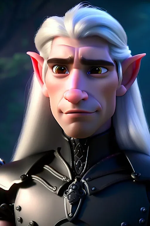 portrait of a dark dark male elf, with long white hair, haunting eyes, and wearing a steampunk exoskeleton powered by gears for a quadriplegic, in high fantasy style