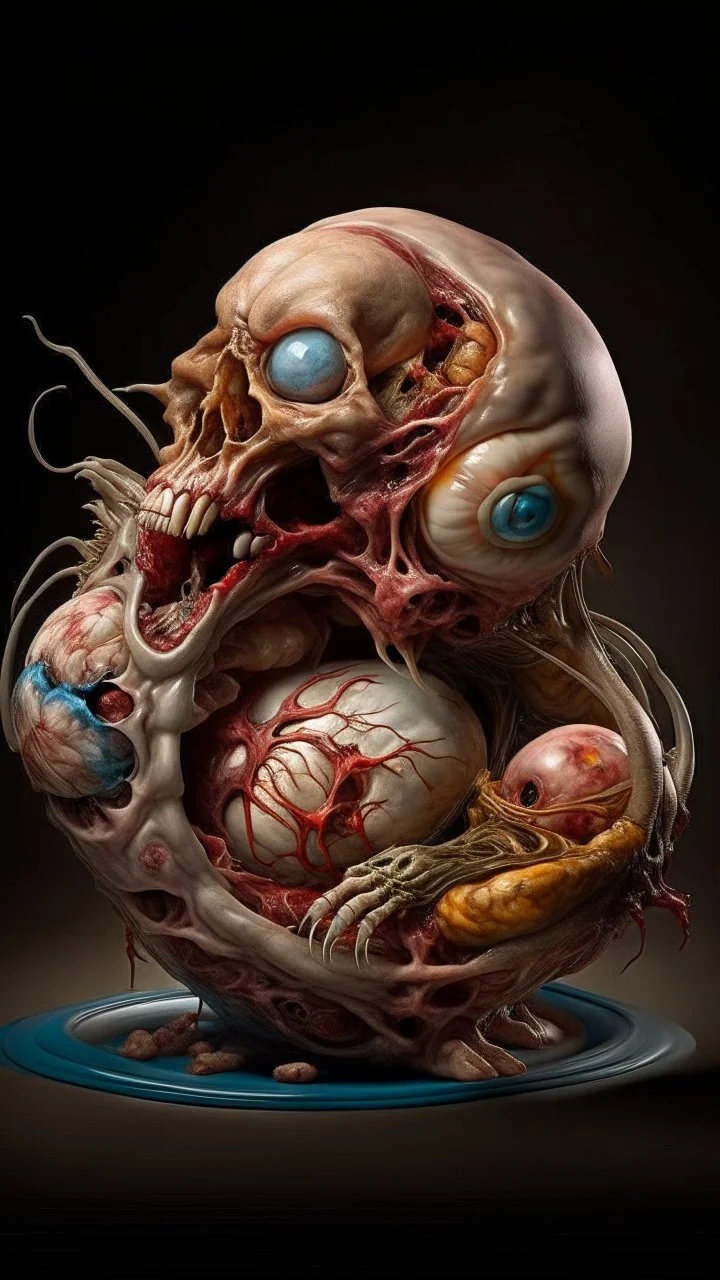 A Bosch vs Dali style photorealistic photo of a mangled embryo wearing a Himalayan shaman mask, wrestling itself, anatomically fragmented, ripped apart again being flayed, skinned alive beating heart, muscles, blood vessels, bowels, entrails, capillaries, oozing puss are exposed. Visceral anatomy. physiology. The xenomorphs face and body opens with a zipper. Bosch and Dali inspired hallucinations. mythology. grotesque.