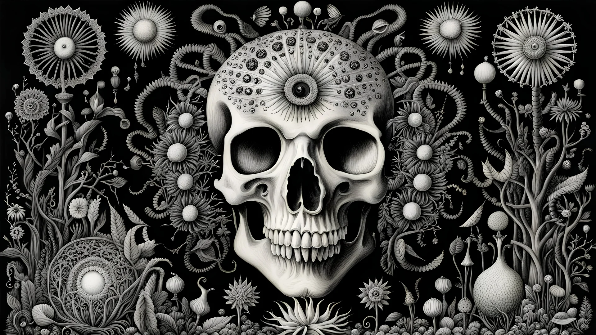 Beautiful death of arithmetic, hyper-detailed, realistic, Tim Burton, Ernst Haeckel, naive art