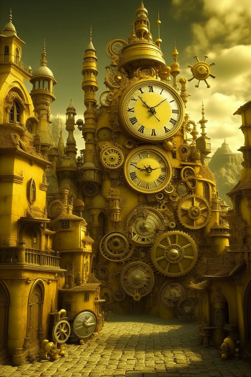 A golden yellow town with gears and clocks designed in Maori sculptures painted by Henry-Robert Brésil