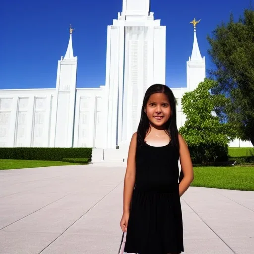 A young Latina girl in a dress in front of a Mormon temple in sunshine