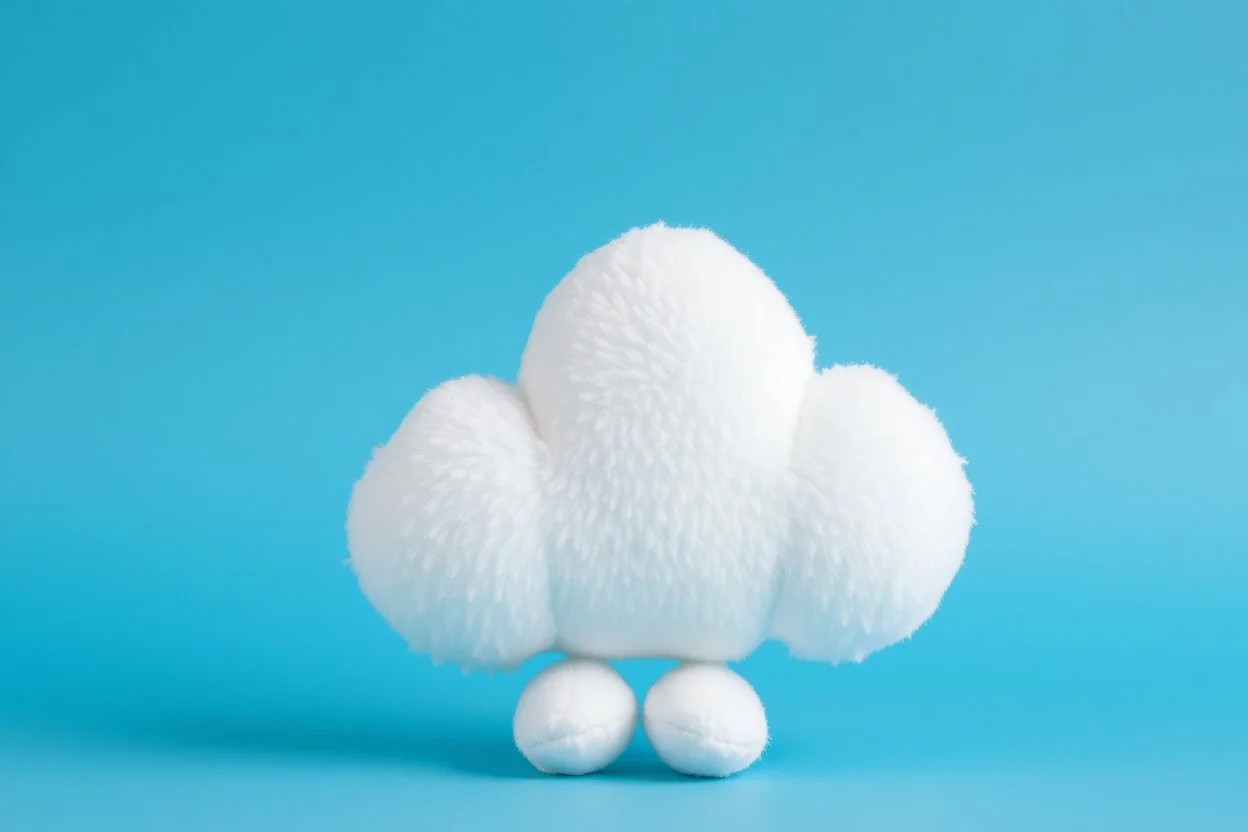 white plushie stuffed toy clouds, blue background