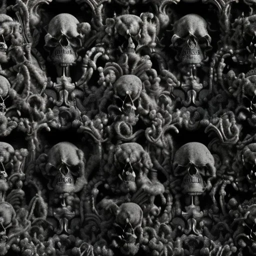 the source of future growth dramatic, elaborate emotive metallic Baroque and Rococo styles to emphasise death as a transcendental, seamless pattern, symmetrical, large motifs, sistine chapel ceiling, 8k image, sharp focus, gothic mothifs and (skulls:1) in rococo style, black metal forge, black colors, perfect symmetry, 3D, no blur, sharp focus, photorealistic, insanely detailed and intricate, cinematic lighting, Octane render, epic scene, 8K