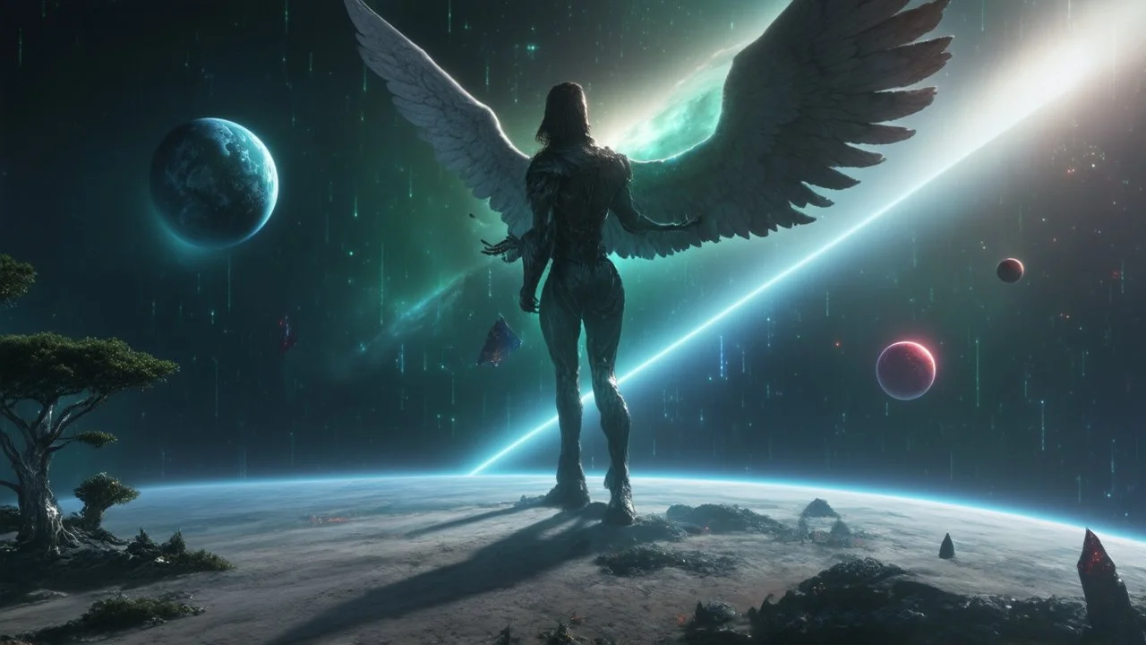 matrix, god creation, few planets on the back ground. small and large monoliths of red, blue, and green crystals of tiberium on the right side, seven space trees on the left side of the angel from the other dimensions.