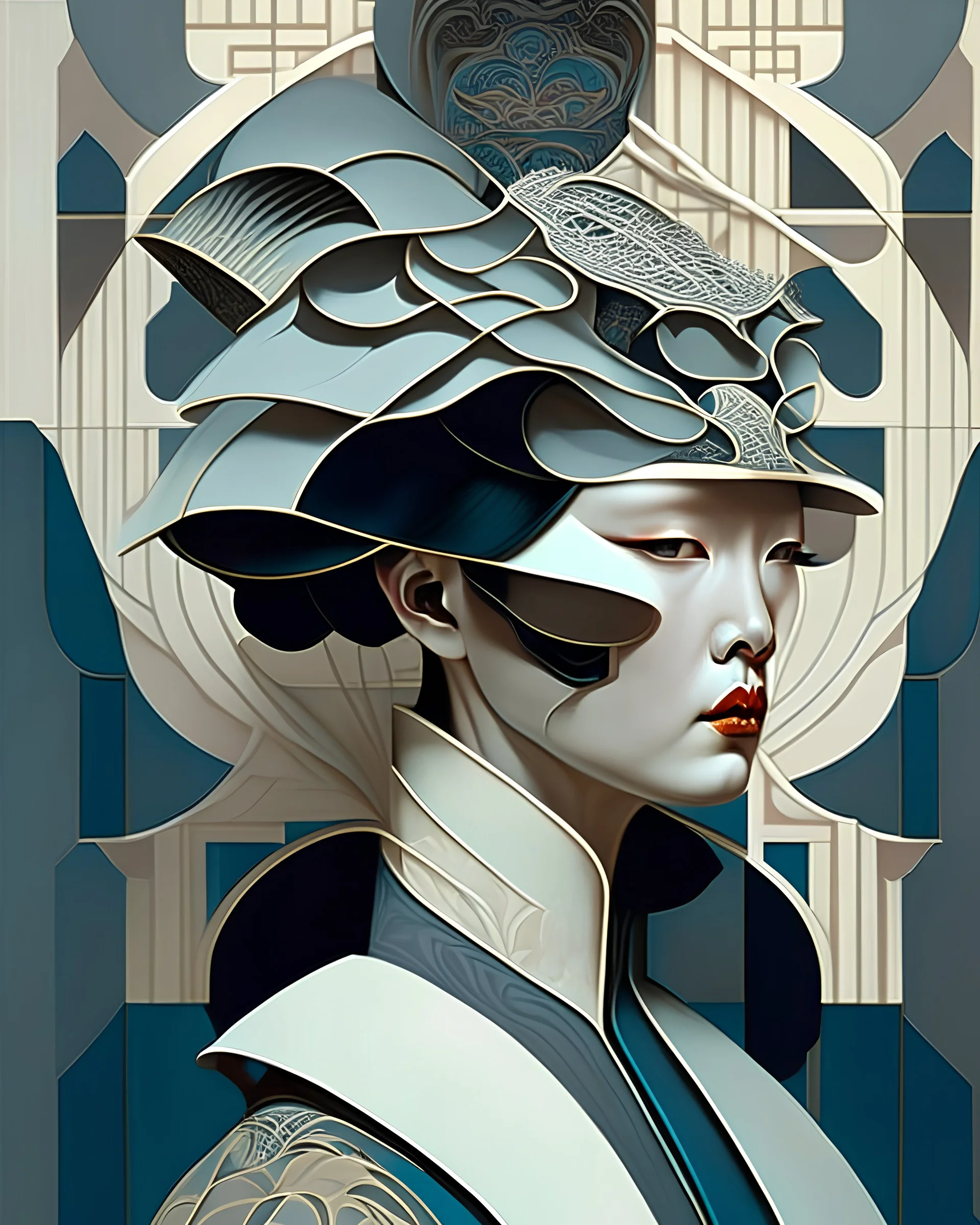 art direction in china by lin, profile,Gorgeous costumes and headgear, premium gray color scheme,in the style of art nouveau elegance, portrait paintings, Chinese Meticulous Painting Style,dark beige and dark aquamarine, intricately detailed, georgy kurasov, digital print, fantasy-inspired art