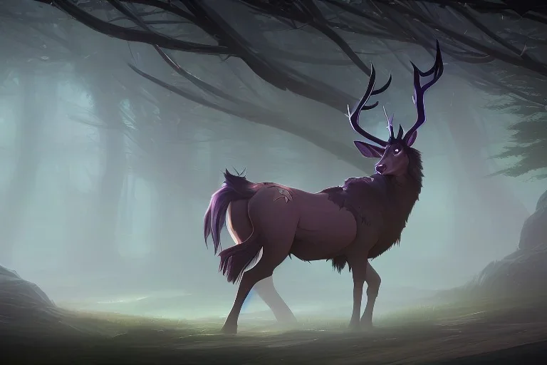 Mystical fantasy stag in the forest, high definition, gigantic antlers