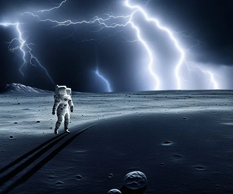 A man walking on the moon during a thunderstorm