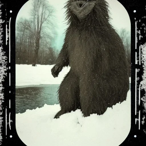 cryptid creature in the snow polaroid vintage style realistic