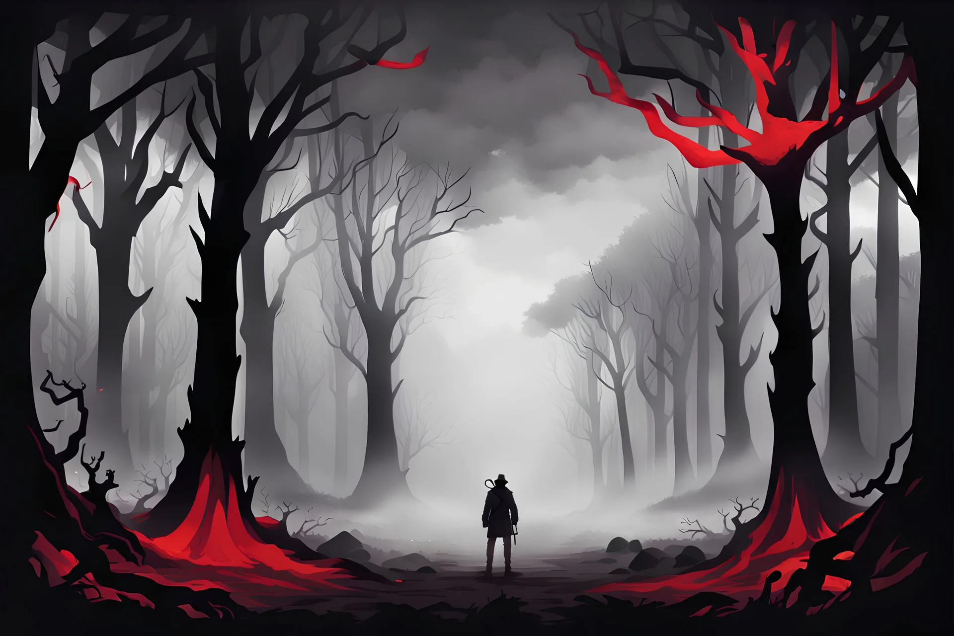 Banner: Incorporate elements of the game environment, such as eerie trees, fog-covered ground, or distant figures of killers, in the background. Use the same dark color palette with shades of black, gray, and red to maintain consistency with the profile picture. Position the streamer's name in a stylized font that complements the overall theme, possibly in a corner or along the bottom edge of the banner. Consider adding subtle motion effects, like drifting fog or swaying branches, to make the