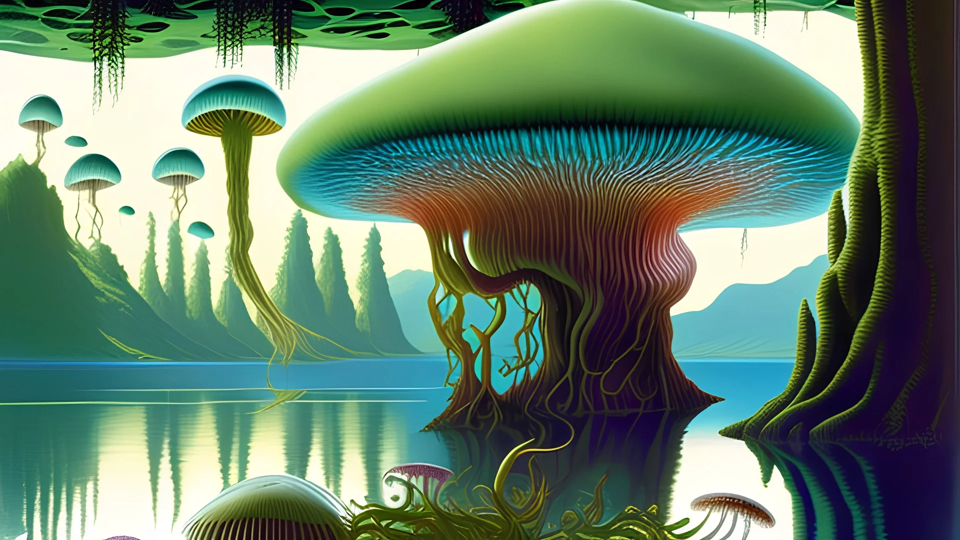 looking out over a lake, in an alien forest, flying mushrooms with jellyfish tenacles formed into gnarled trunks, Roger Dean