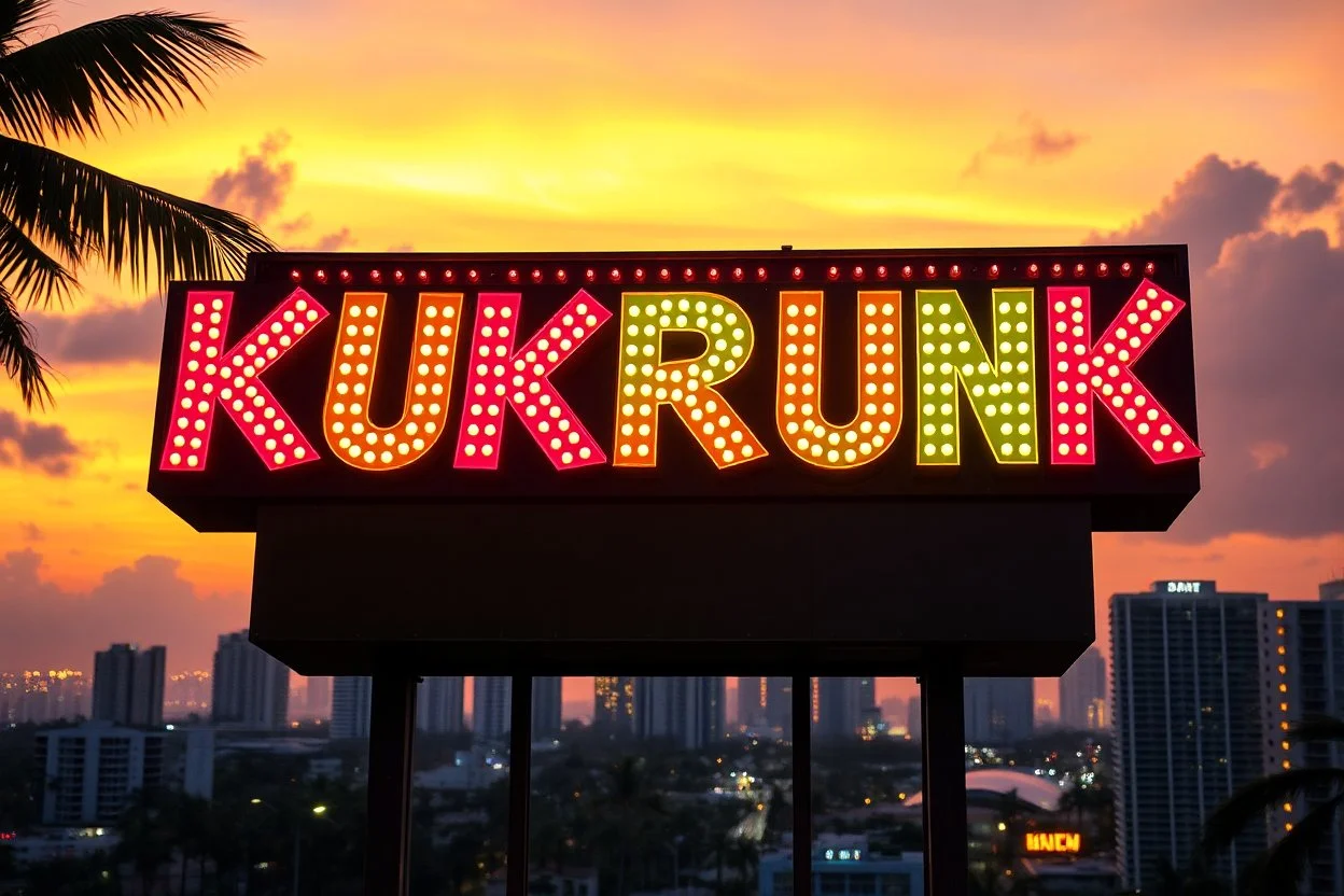 A 1980 disco sign labeled "KUKRUNK" bold multi colored 80s font, miami vice background skyline, sunset