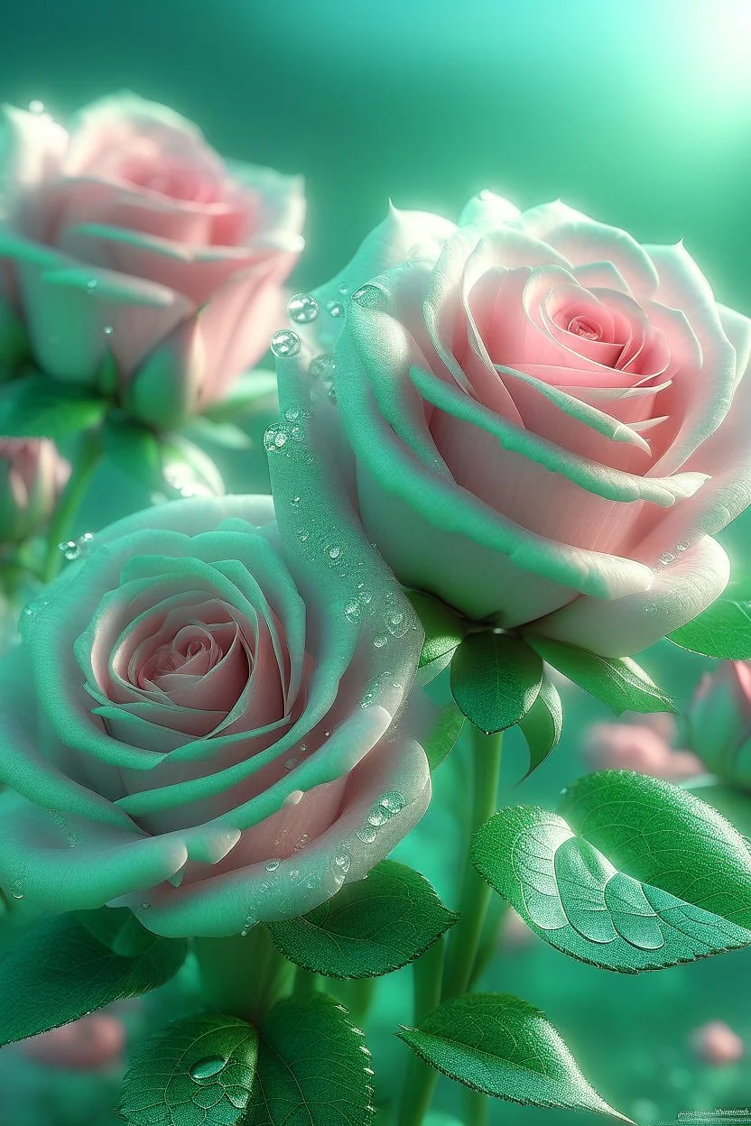 magic delicate pink-mint lush bouquet of roses, complex, amazing, magical delicate, mint color, sparkling dew drops, dawn, magically, in pastel transparent tones, hyperrealistic, beautiful lumen, shine, professional photo, 5d, realistic, 64k, high resolution, high detail, cgi, hyperrealism, f/16.1/300s, highly detailed digital painting, bright and juicy, photorealistic painting, solar backlight in the background, bright lighting, aesthetically pleasing, beautiful