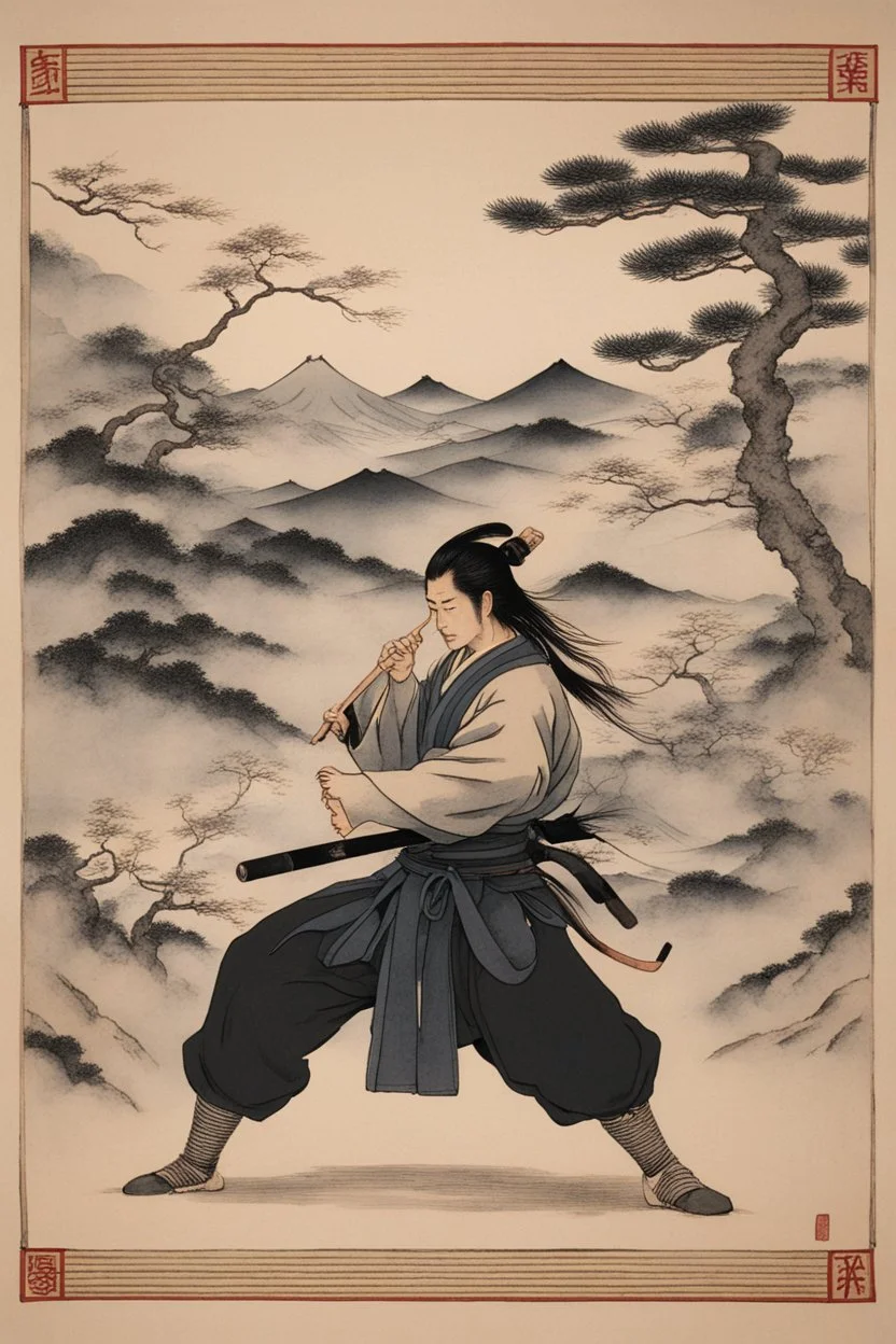 Craft a series of Japanese scroll illustrations depicting scenes from 'The Book of Five Rings,' showcasing Musashi's timeless wisdom on strategy and martial arts.