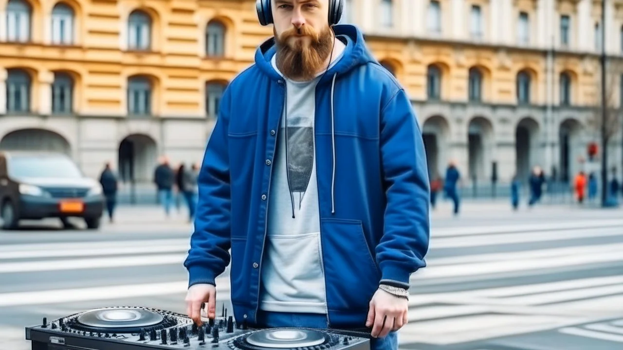 short beard man with cap, DJ play records ,at medeval city street background, full body